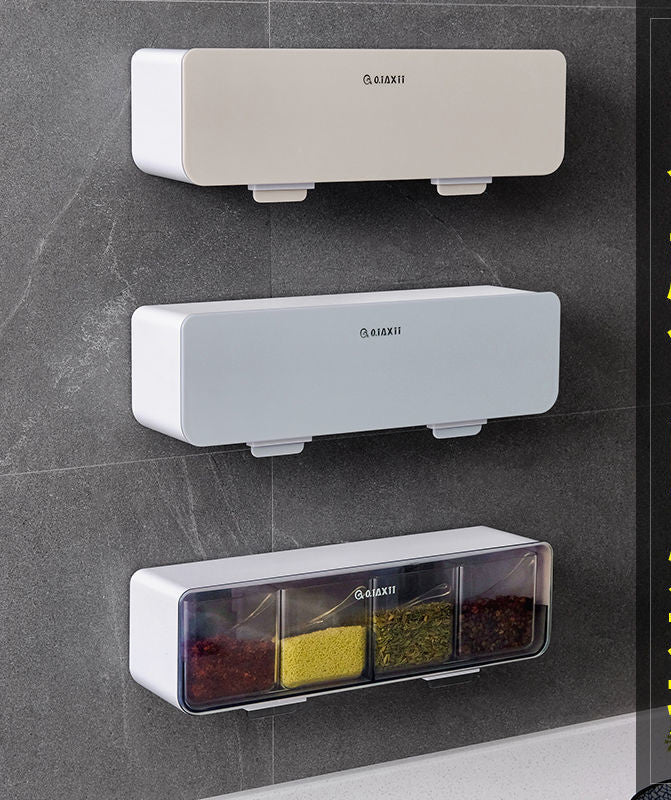 Caixa de especiarias de cozinha com colher 
Caixa de tempero de parede.