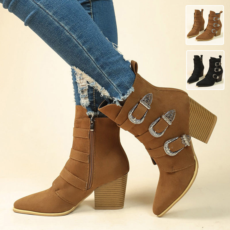 Bota feminina salto grosso com fivela